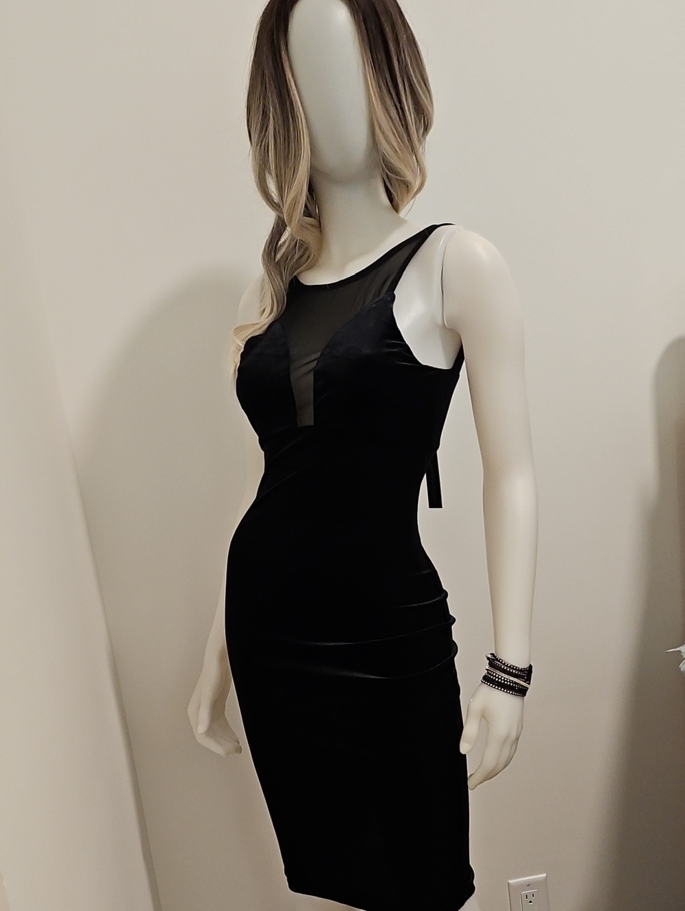 Women's Black Sheath Dress with Illusion Mesh